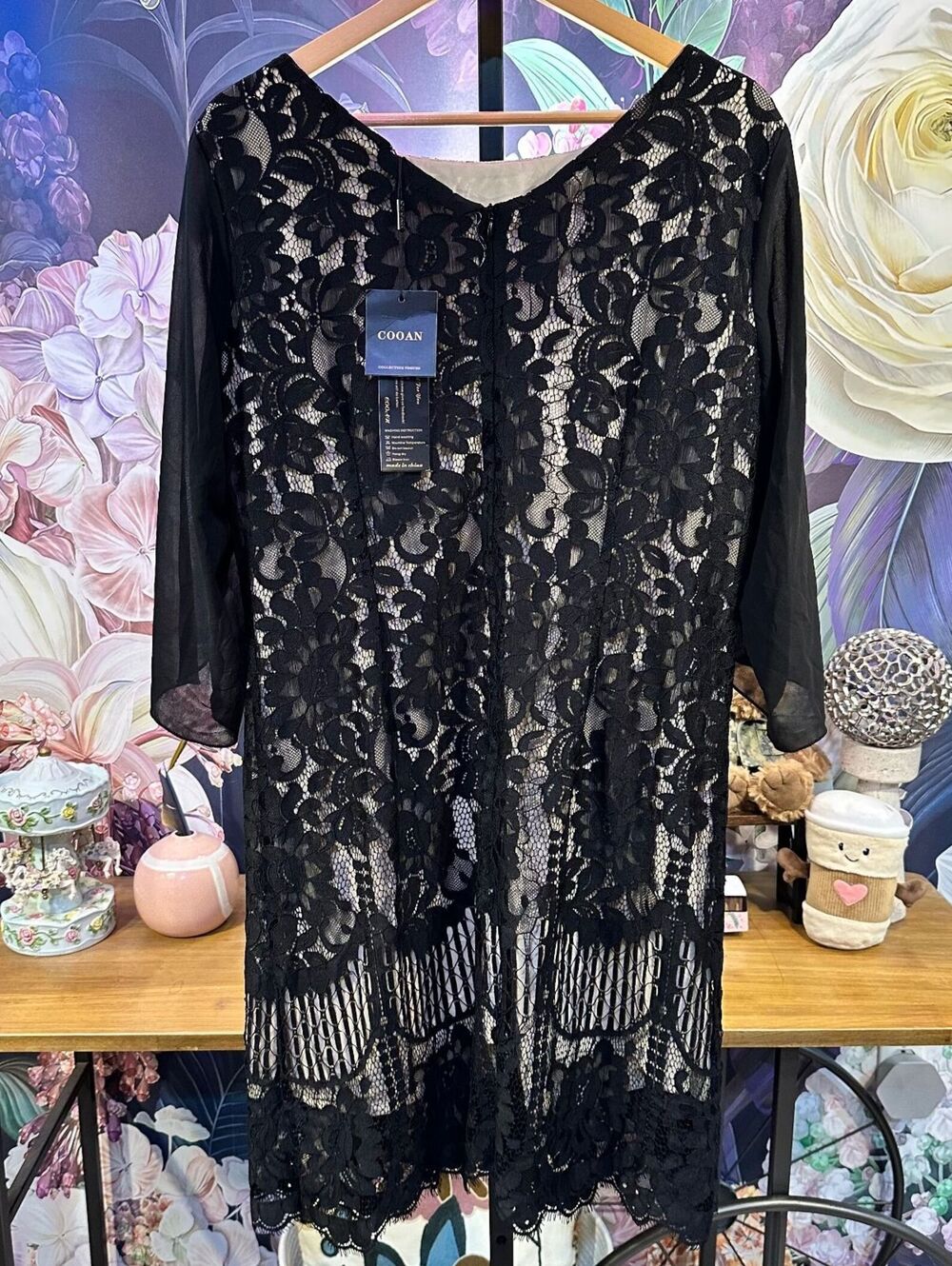 COOAN XL Floral Lace Dress NWT Stretch Gothic Romantic Cocktail Evening Black